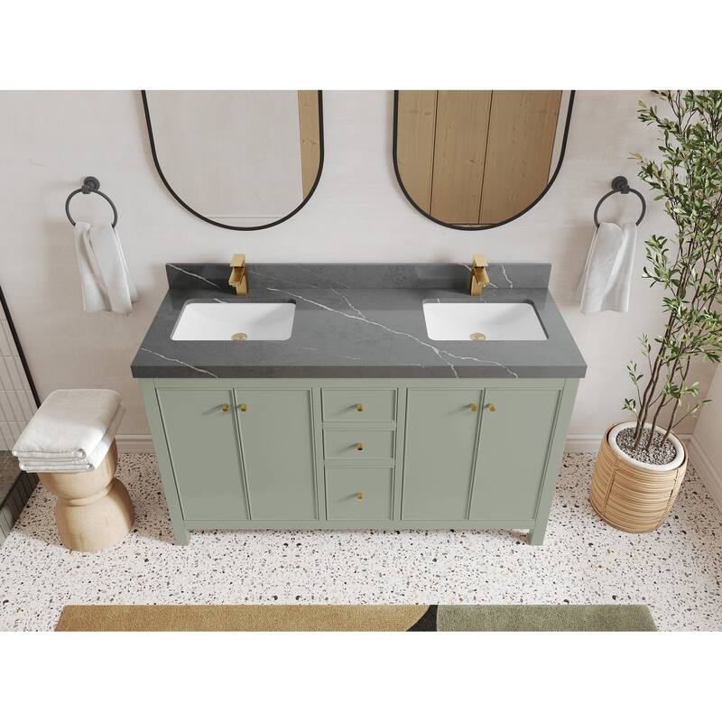 Willow Collections 60 in. W x 22 in. D Chicago Double Sink Bathroom Vanity with Countertop - 2”Piatra Gray - Evergreen