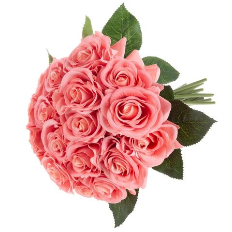 Rose Artificial Flowers - 18Pc 11.5-Inch Fake Flower Set with Stems by Pure Garden (Coral)