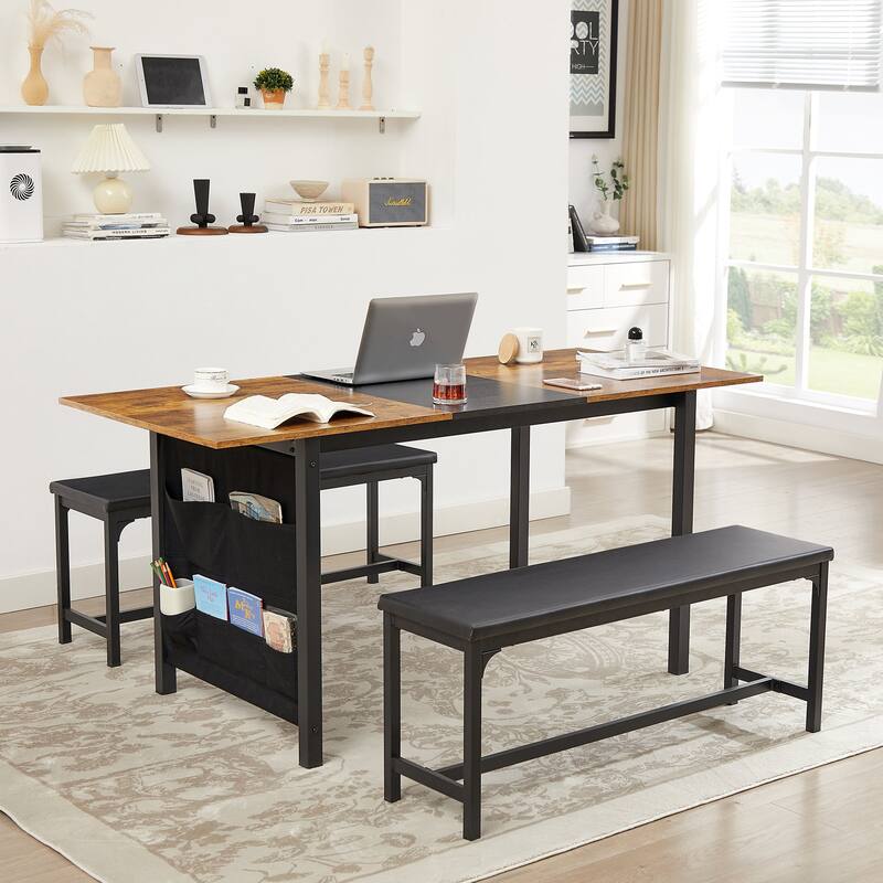 VECELO 3-Piece Dining Table Set with 2 Benches, 63" Extendable Kitchen Table & Chairs Set for 4-8, Dining Room Table