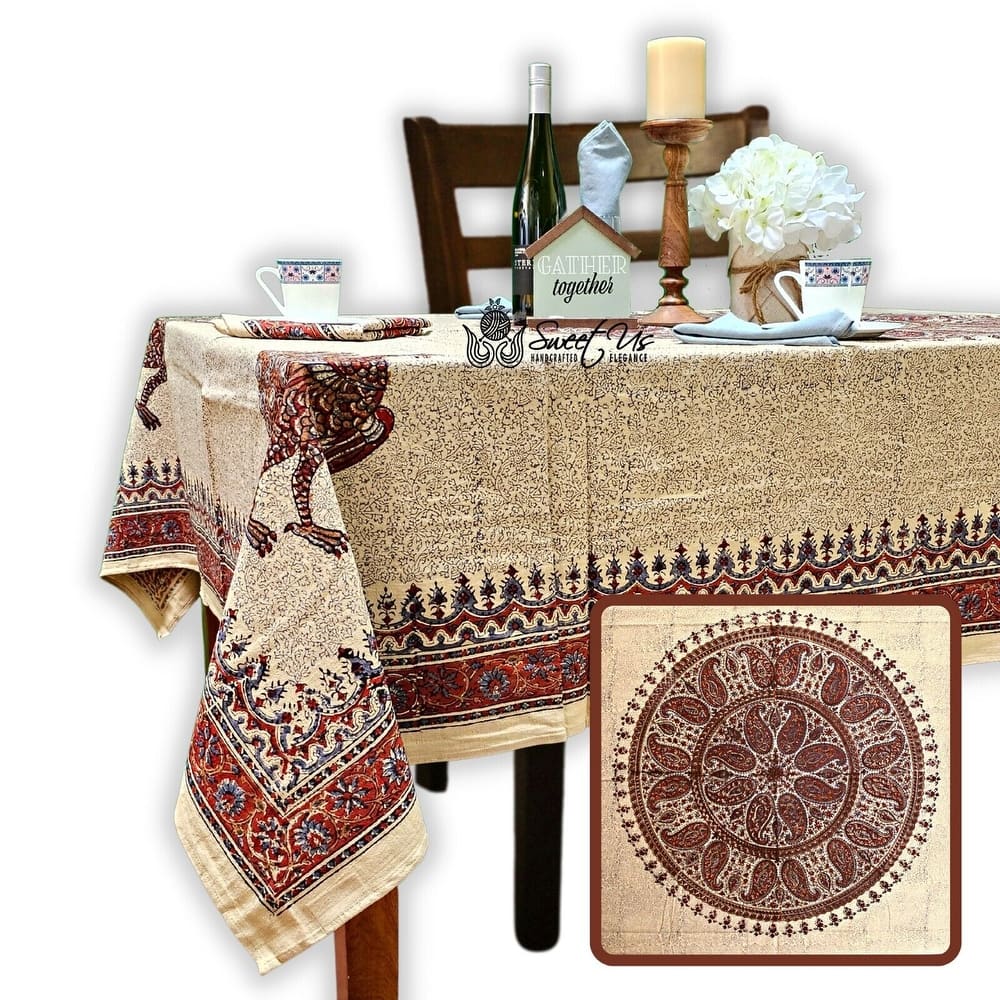 Block Print Veggie Dye Peacock Paradise Paisley Tablecloth Collection