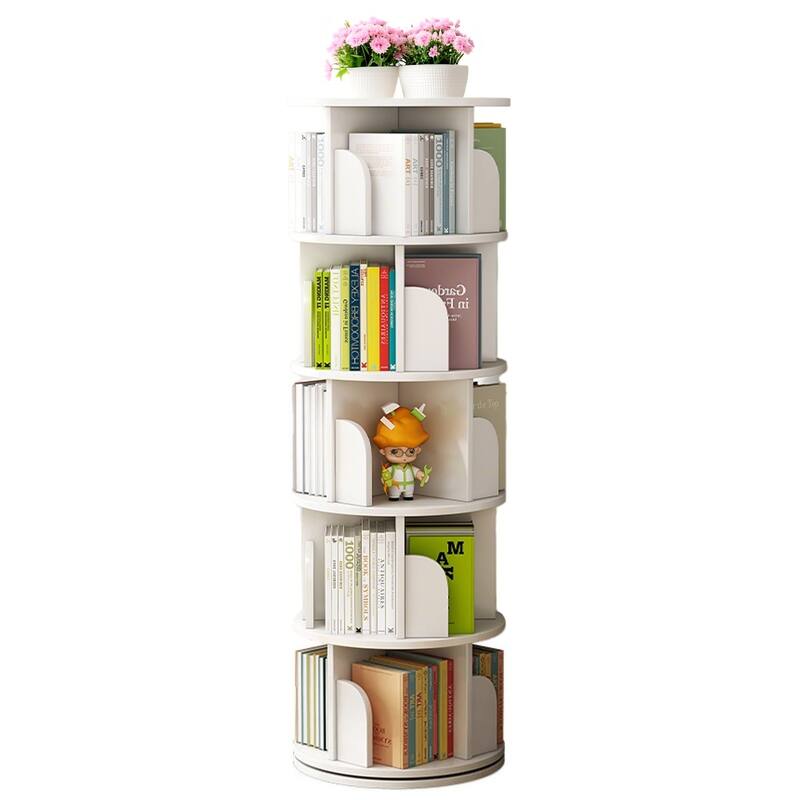 Anmytek 5-Tier Rotating Bookshelf on Wheels 360-Degree Spinning Tower for Small Space Bedroom Living Room Warm White