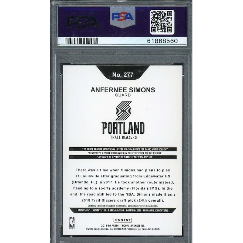 Anfernee Simons 2018 Panini Hoops Basketball Rookie Card RC #277 Graded PSA 10 - 8'6" x 11'6"