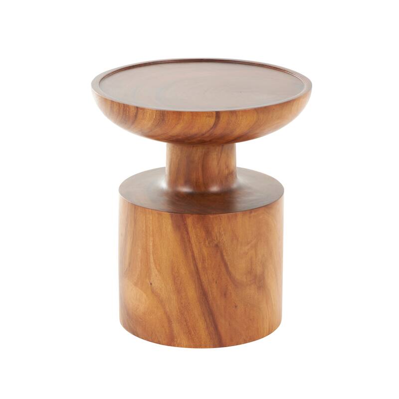 Brown Wood Handmade Side End Accent Table with Cylinder Block Base