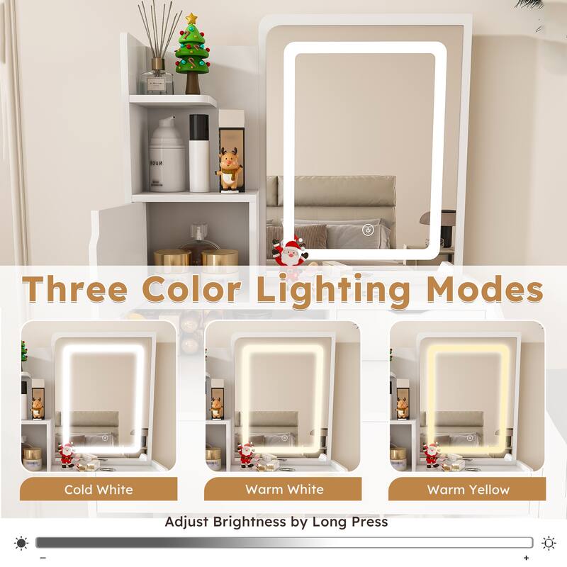3-Color LED Vanity Mirror with Stool, Pink Dressing Table for Bedroom, 2 Drawers & 5 Storage Cabinets (4 Open + 1 Hidden)