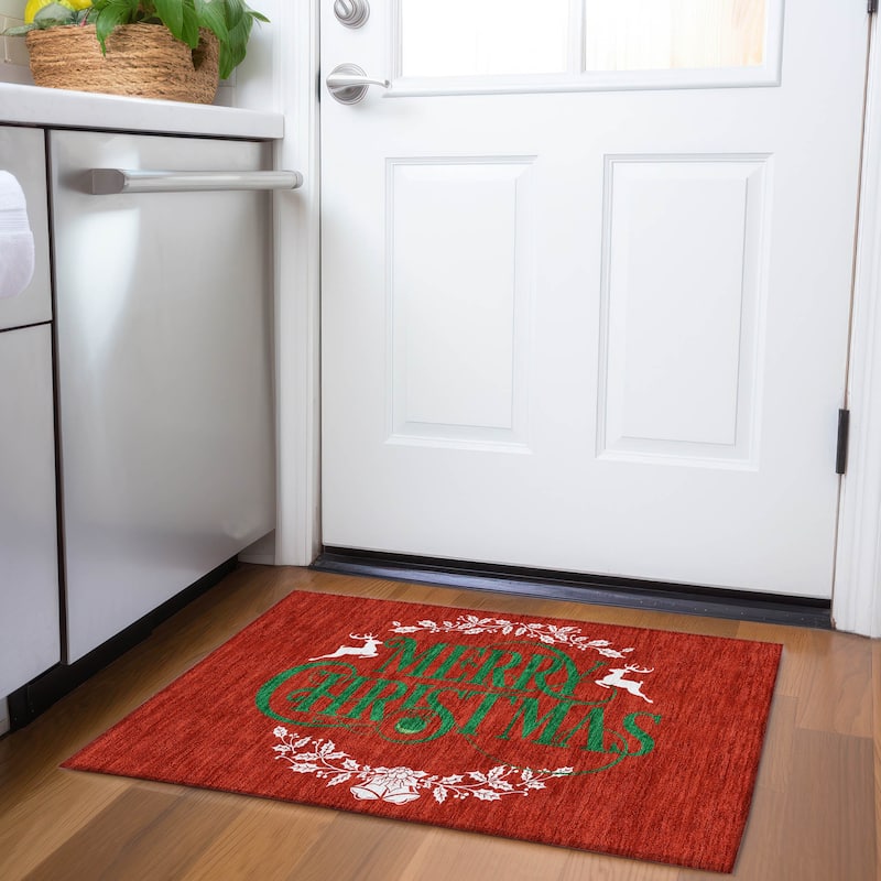 Premium Washable Super Soft Merry Christmas Wreath Mayfield Rug - Red - 1' 8" x 2' 6" - Rectangle