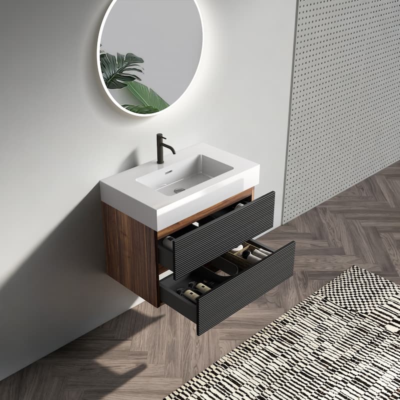 30" Bathroom Vanity with Sink Engineered Quartz Sink and Soft Black Drawers, Wall Mounted Floating Bathroom Vanity