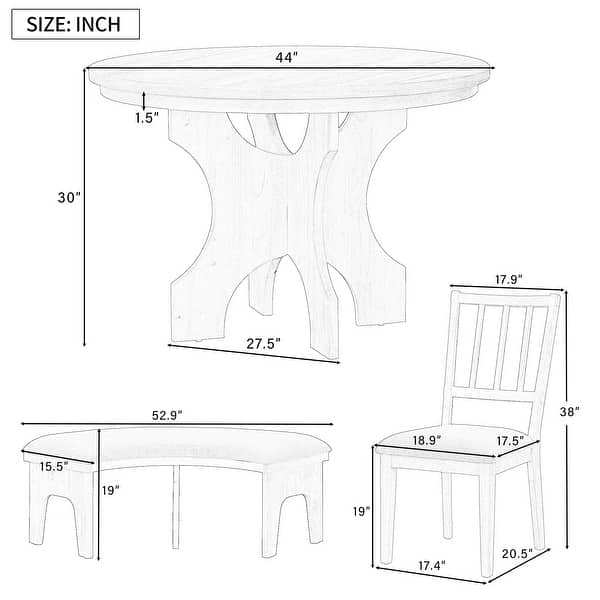 5-Piece Wooden Round Dining Table Set w/ Curved Bench & Side Chairs ...