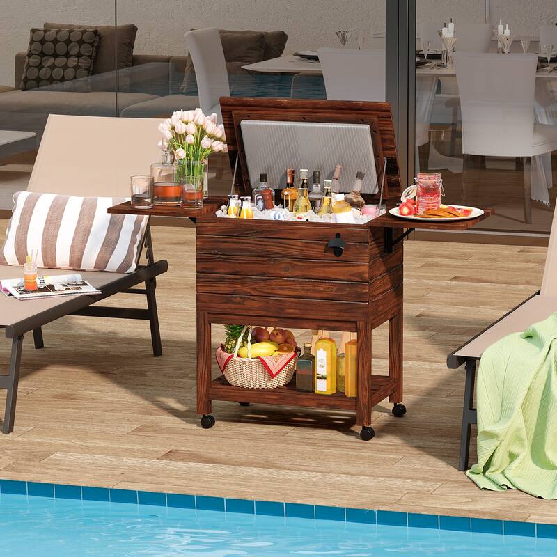 Rustic Brown Pine Wood Patio Cooler 54QT with Wheels and Folding Shelves - 50" L x 16.5" W x 29" H