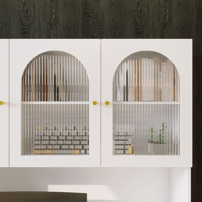 63” Modern White Computer Desk with Hutch & Drawers, Tempered Glass Cabinet Doors, Large Storage Home Office Workstation