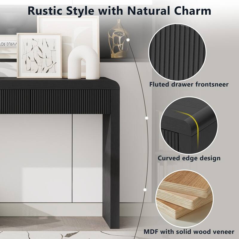 Curved Console Table with 3 Fluted Drawers, Solid Wood Veneer Entryway Table, Living Roomn Accent Table Hallway Side Table