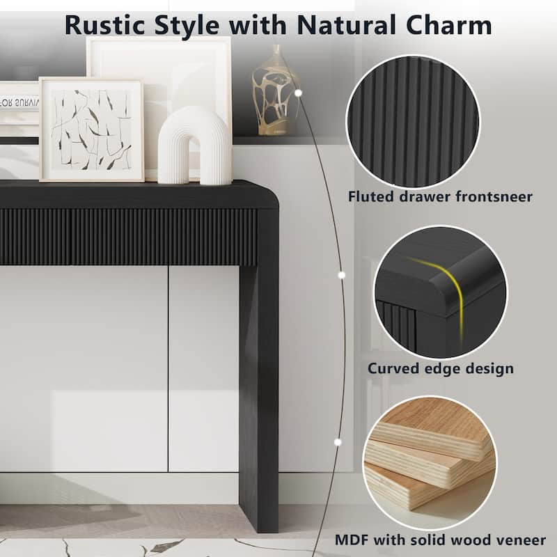 Roomfitters Rustic Console Table with 3 Fluted organizer, Solid Wood Veneer and Natural Wood Grain