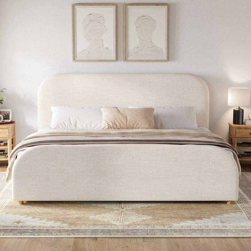 Christopher Knight Home - Thalassa Linen Bed Frame with Curved Headboard and Solid Wood Legs