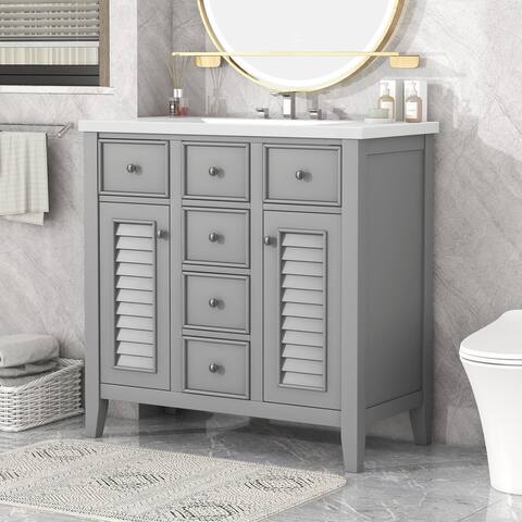 Wooden 36" Bathroom Vanity with Ceramic Basin, 2 Cabinets, 5 Drawers