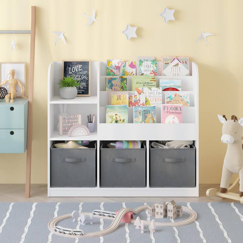 Anmytek Toddler Bookcase with 3 Collapsible Fabric Drawers Storage Organizer for Bedroom Playroom Hallway
