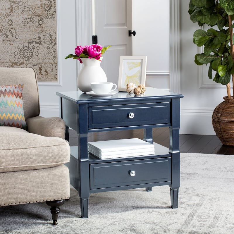 SAFAVIEH Terri Two Drawer White Nightstand - Navy