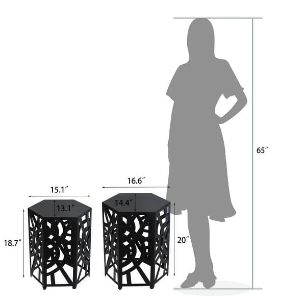 dimension image slide 1 of 2, Adeco Set of 2 Hexagon Metal Nesting Side End Tables Set