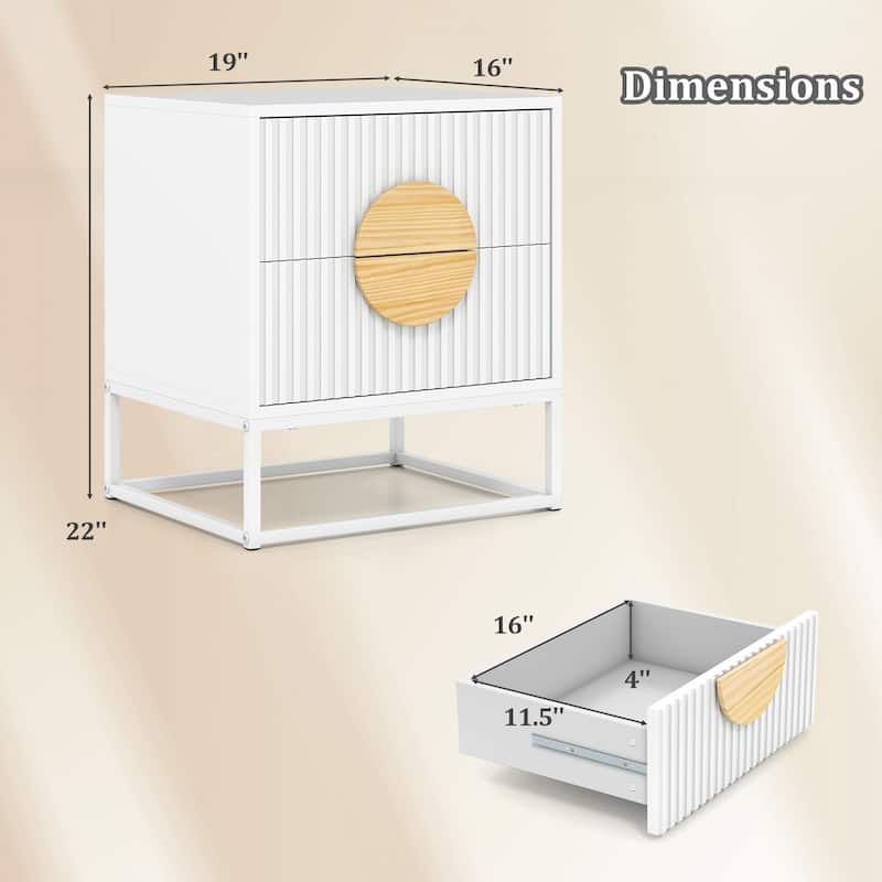 Modern Wooden Fluted Nightstand with 2 Storage Drawers and Metal Base for Bedroom