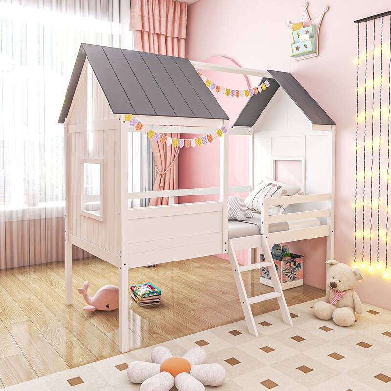 Gymax Twin Low House Bed Wooden Loft Bed with Ladder Roof Windows