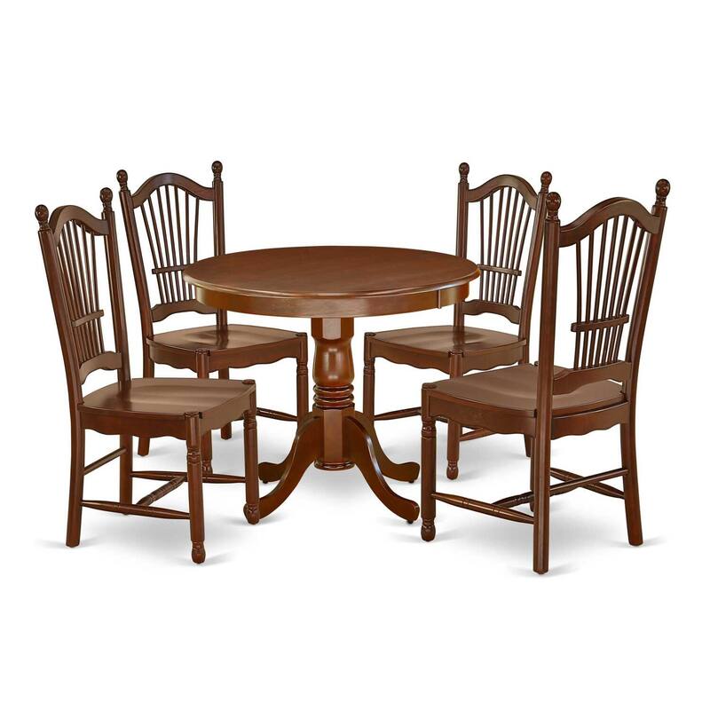 HomeStock 5-Piece Round Mahogany Finish Solid Wood Top Dining table with 4-Chairs with Lattice Back