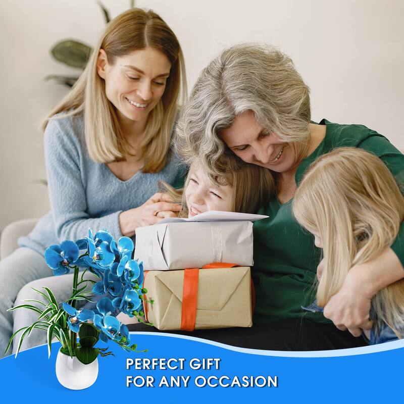 Artificial Orchid Plants and Flowers with Vase, Fake Faux Orchid in Ceramic Pot,19", Blue