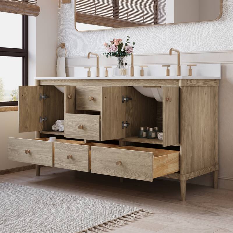 34''H Solid Wood Bathroom Vanity With Carrera White Quartz Top and Sink