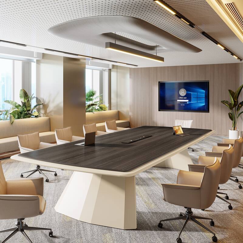 Conference Meeting Table With Stainless Steel Base And Recessed Power Strip Socket