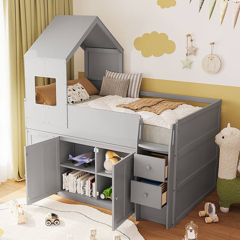 Roomfitters Twin Size House Loft Bed with Rolling Desk, Storage Cabinets and Staircase, All-in-One Space Saving Sleeper