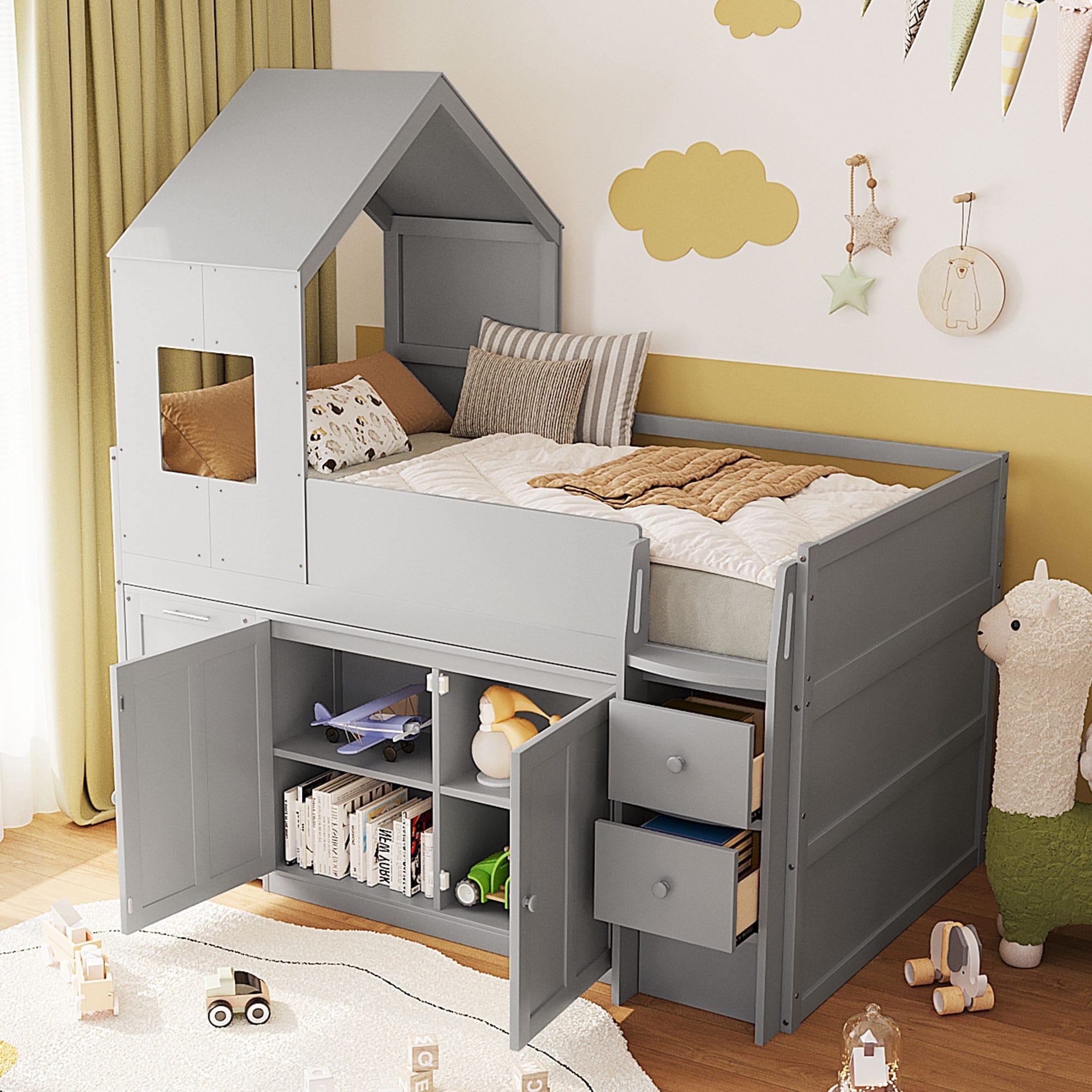 Twin Size Loft Bed with House Roof Design & Rolling Study Desk, Wooden House Bed Frame with Storage Drawers, Cabinets, Shelves