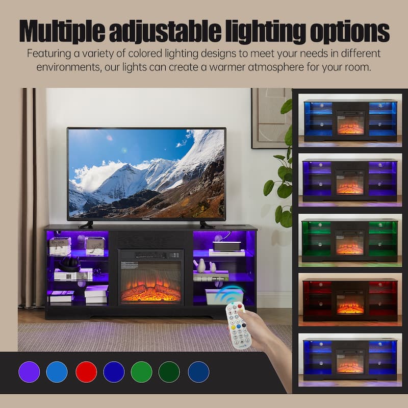 58"W Fireplace TV Stand with 18'' Fireplace, LED Light, USB Outlet - 58''W*15.5''D*24.4''H