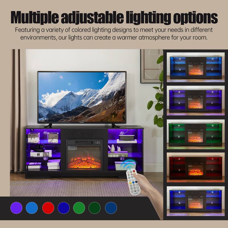 Black 58" Fireplace TV Stand with LED, Glass Shelves & USB for TVs Up to 50"