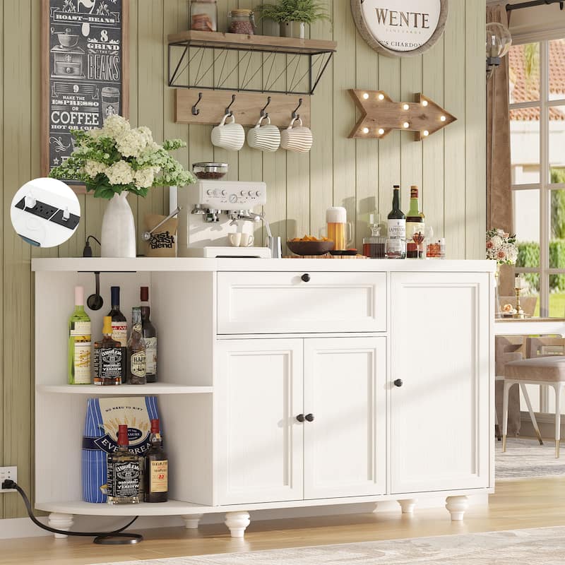 55'' Farmhouse Buffet Cabinet with Charging Station, Coffee Sideboard for Kicthen and Bar - White