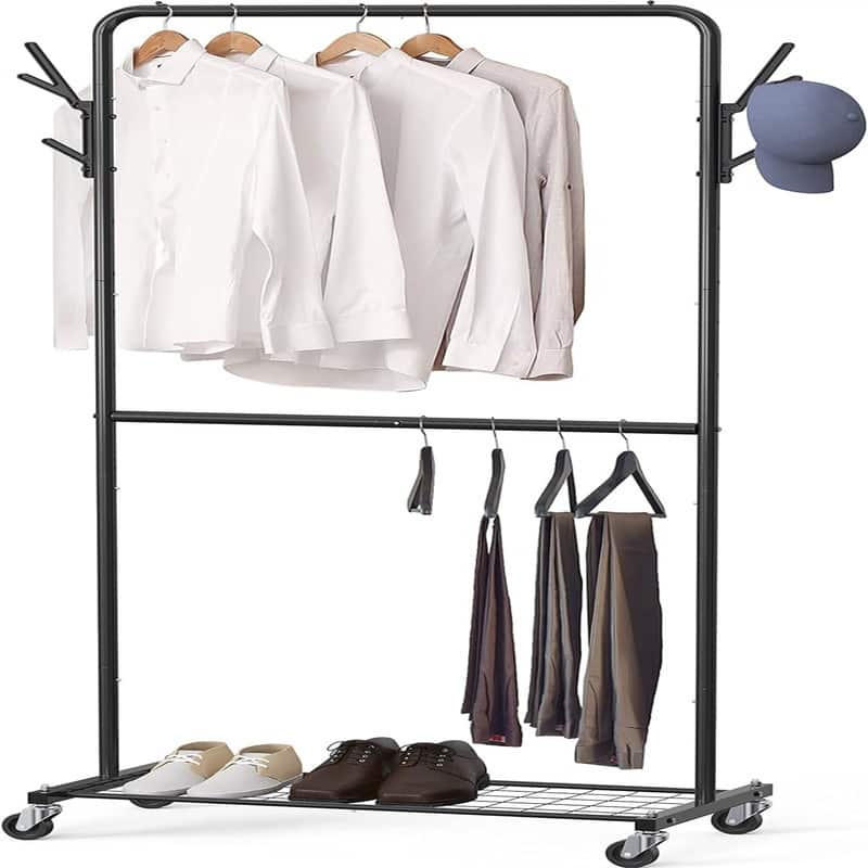 Double Rod Garment Rack With Wheels and Hooks - 16.81"D x 39.69"W x 71.42"H - 16.81"D x 39.69"W x 71.42"H - Black