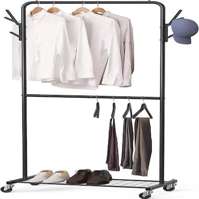 Double Rod Garment Rack With Wheels and Hooks - 16.81"D x 39.69"W x 71.42"H