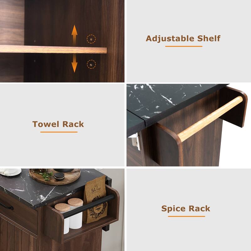 Kitchen Island with Trash Can Storage, Drop Leaf, Spice Rack, Towel Rack, Rolling Cart