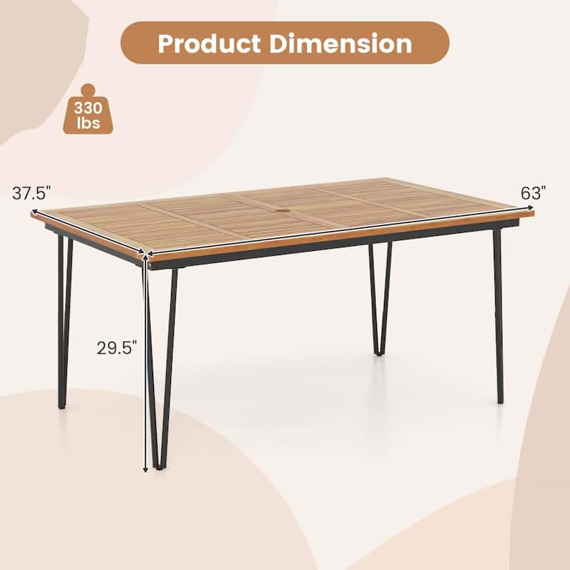63-Inch Outdoor Dining Table w/ Acacia Wood Tabletop & Metal Legs