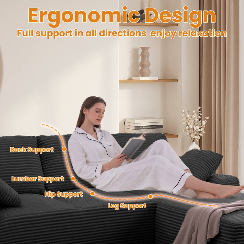 Modular Sectional Sofa with L-Shape Chaise Lounge, Oversized Corduroy Upholstered Cloud Sofa, Deep Seat Sofa with Pillow