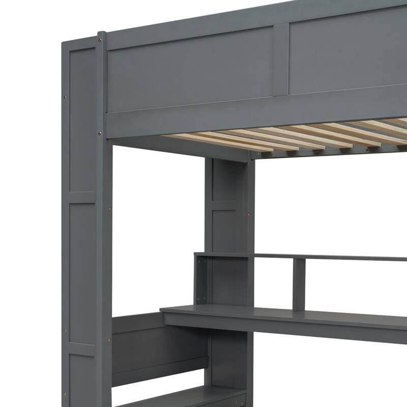 Full Size Loft Bed with Built-in Desk, LED Shelf Lighting, Charging Ports, and Storage Cabinet, Dark Gray Wood Frame