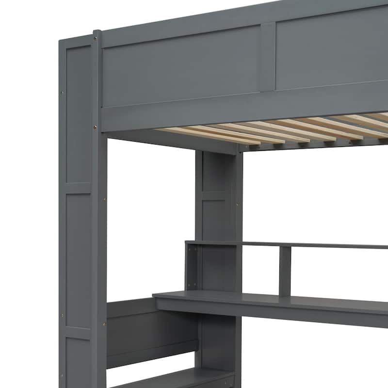 Wood Gaming Loft Bed with Built In Desk, Solid Pinewood High Loftbed Frame with Storage Shelves, LED and Charging Station