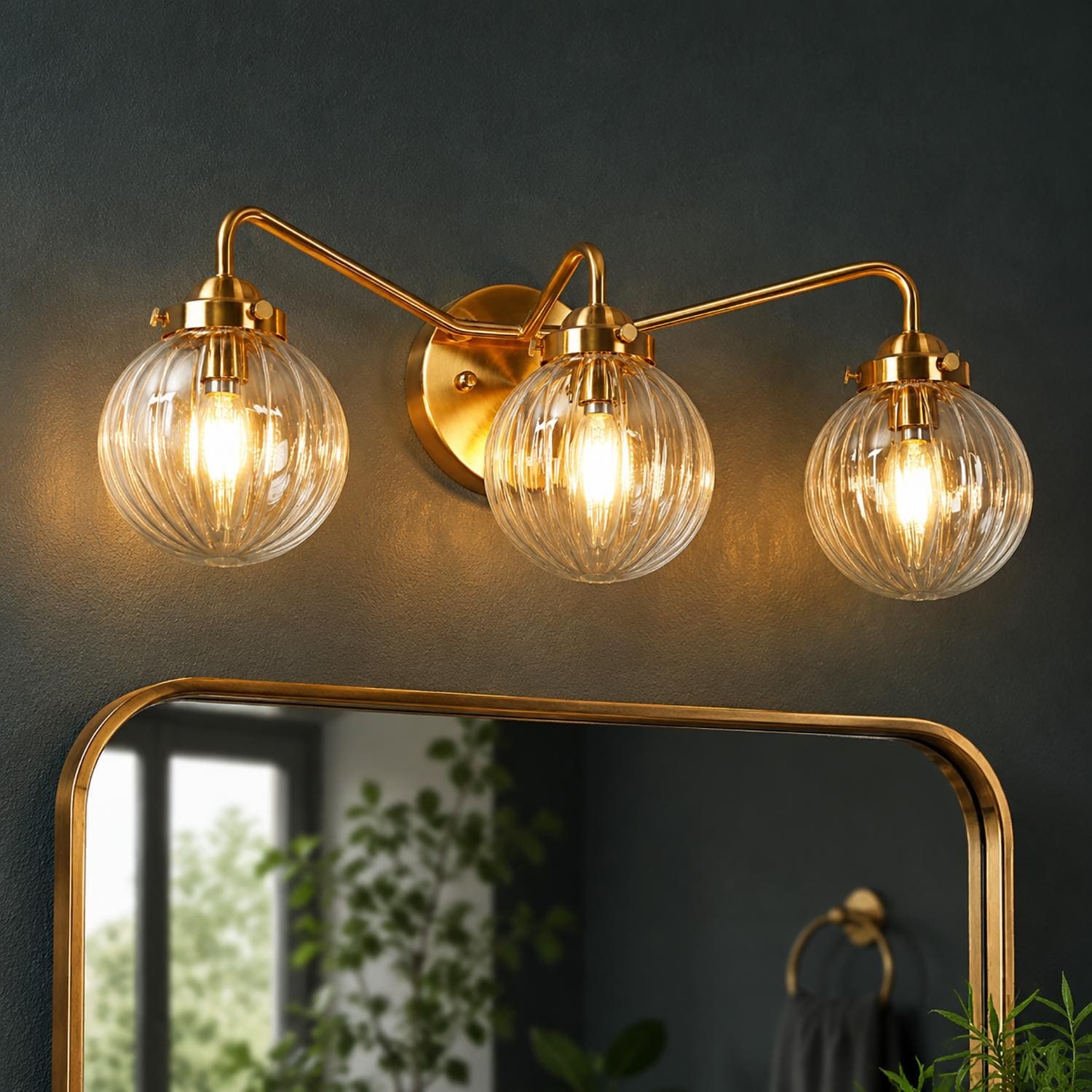 Modern Gold 3-Light Bathroom Vanity Light Pumpkin Globe Glass Wall Sconce - 22"Lx6.8"Wx7.4"H