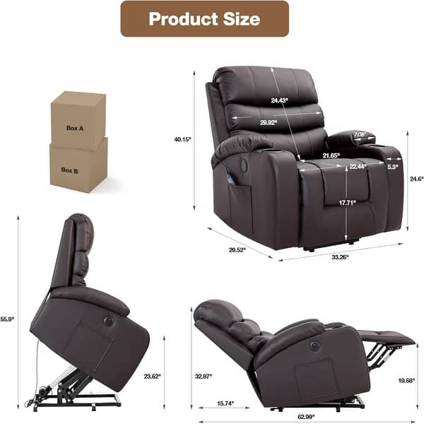 dimension image slide 2 of 7, EROMMY Oversized Power Lift Recliner with Massage & Heat – PU Leather Chair with Pockets, Cup Holders & USB Port