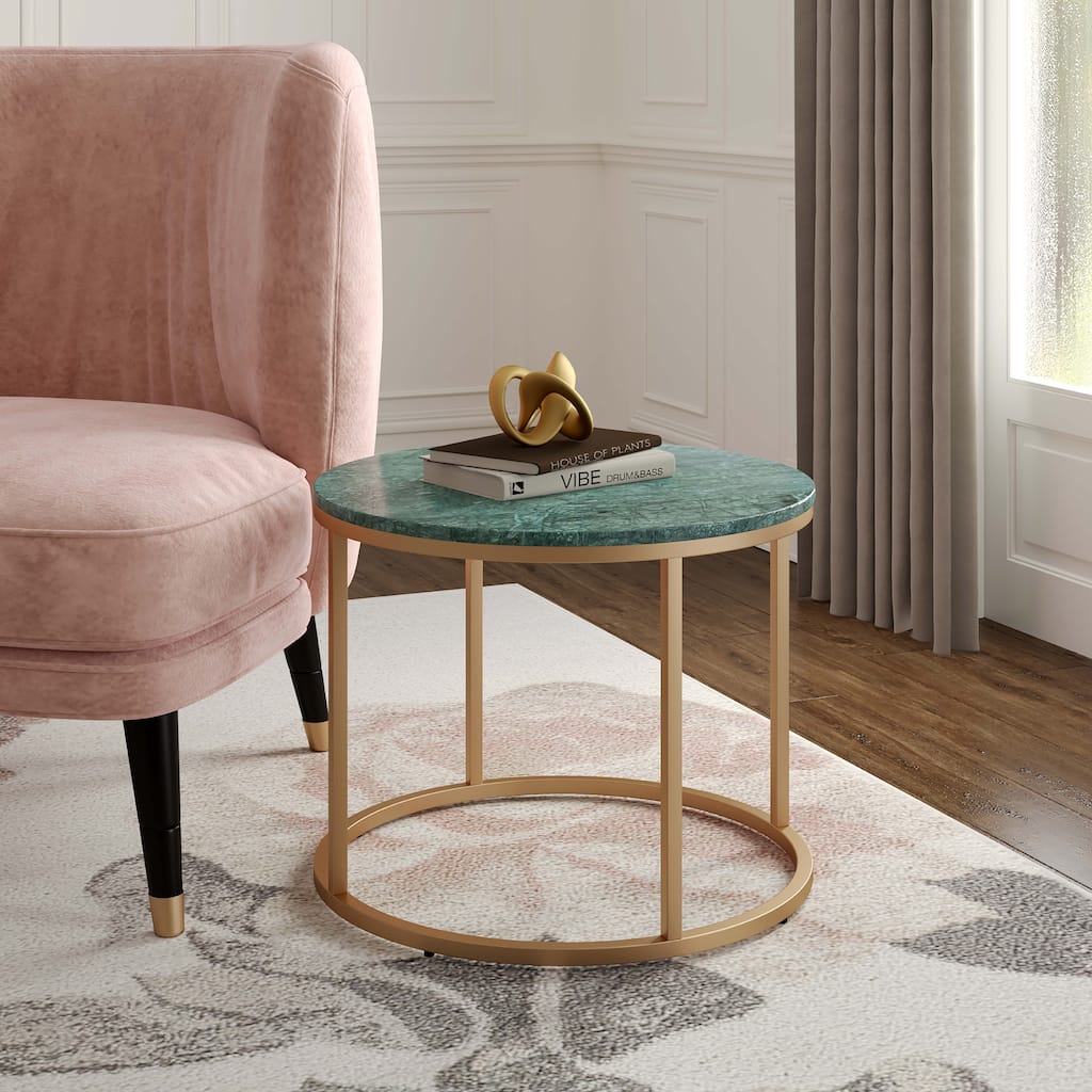 Walker Green Marble and Gold Round Side Table, 22"W x 22"D x 24"H by Sevita - 22"W x 22"D x 24"H