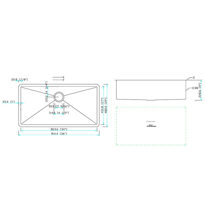 Undermount Kitchen Sink - 36"x19"x9" Stainless Steel 16 Gauge Deep Single Bowl Sinks
