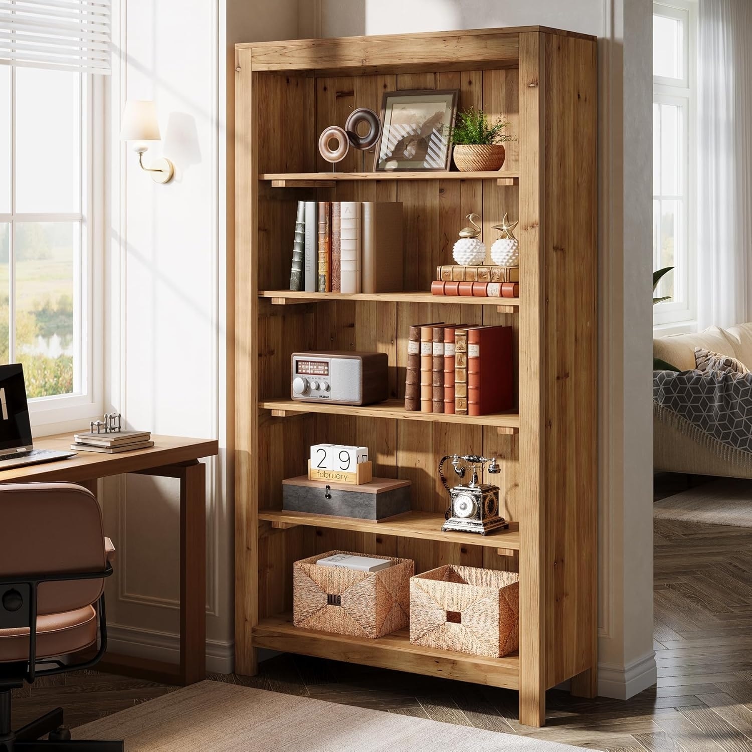 5-Tier Tall Solid Wood Bookcase, Heavy Duty Floor Large Bookshelf