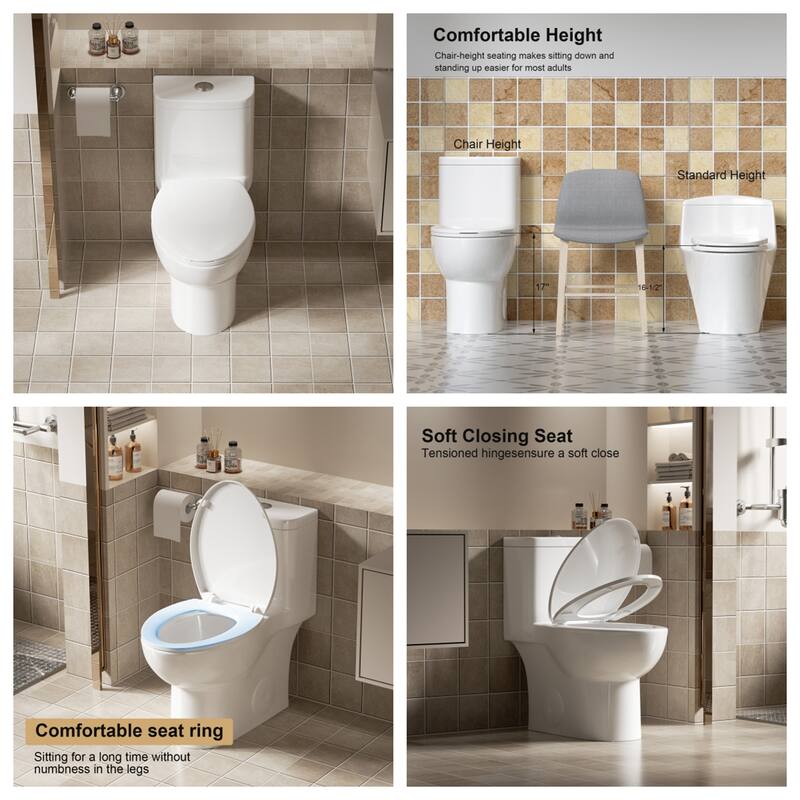 One Piece Toilet ADA 17", Dual Flush 1.1/1.6GPF, 12" Rough-In, Rimless