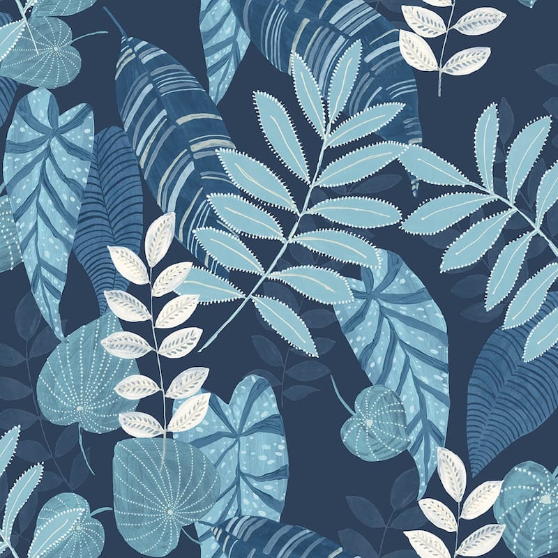 Seabrook Designs Boho Rhapsody Tropicana Leaves Unpasted Wallpaper - 27 in. W x 27 ft. L - Sky Blue and Champlain