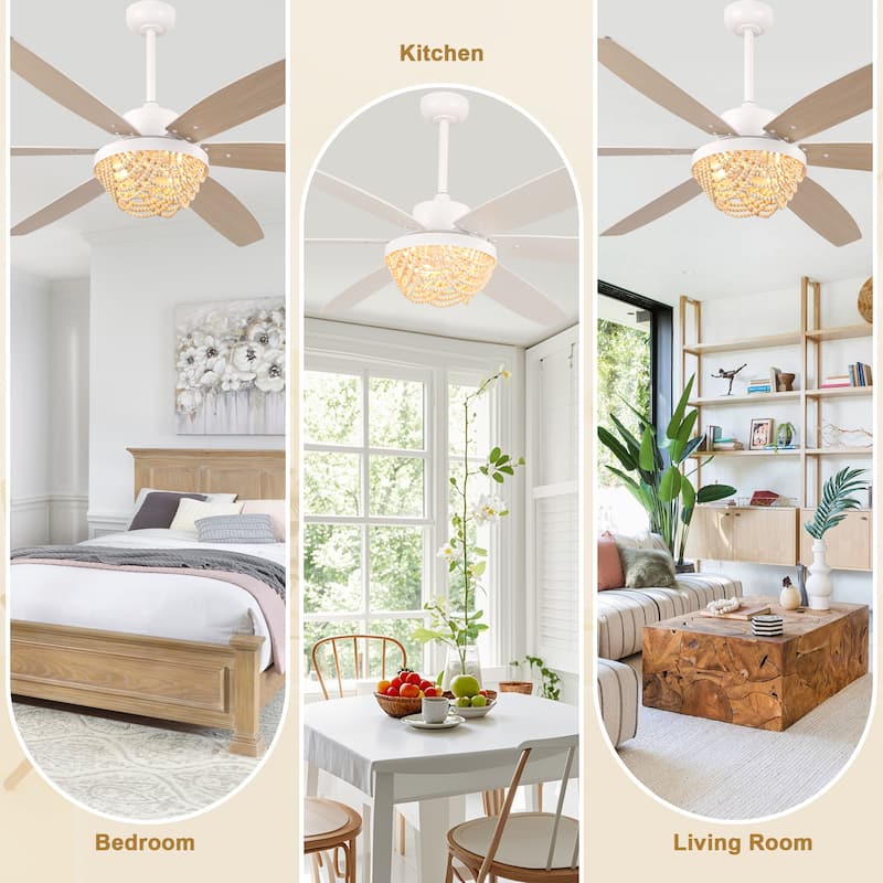Bella Depot 65" Bohemia Large White Ceiling Fan with Light and Remote 6-Speed Modern Chandelier Fan Wood Bead Shade