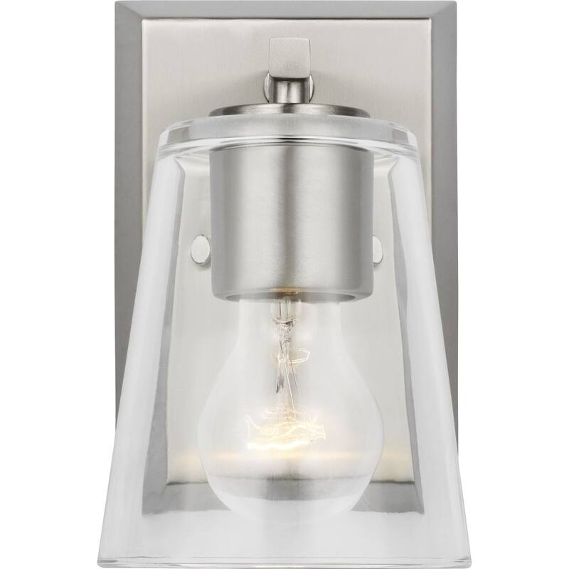 Vertex Collection One-Light Brushed Nickel Clear Glass Contemporary Bath Light - 4.75 in x 6.25 in x 7.5 in
