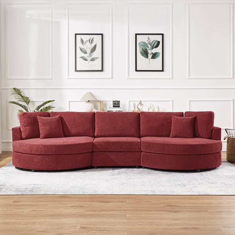 Roomfitters Modern Curved 3-Seater Sofa Couch with Throw Pillows, 129 Inch Wide - Red