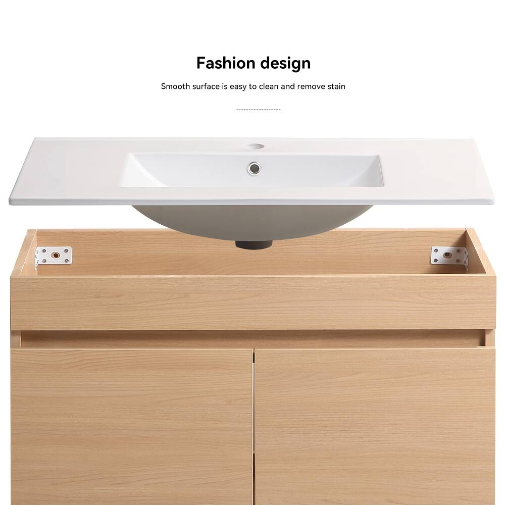 Wall Mounted Bathroom Vanity w/ Ceramic Basin, Overflow Hole, Closed