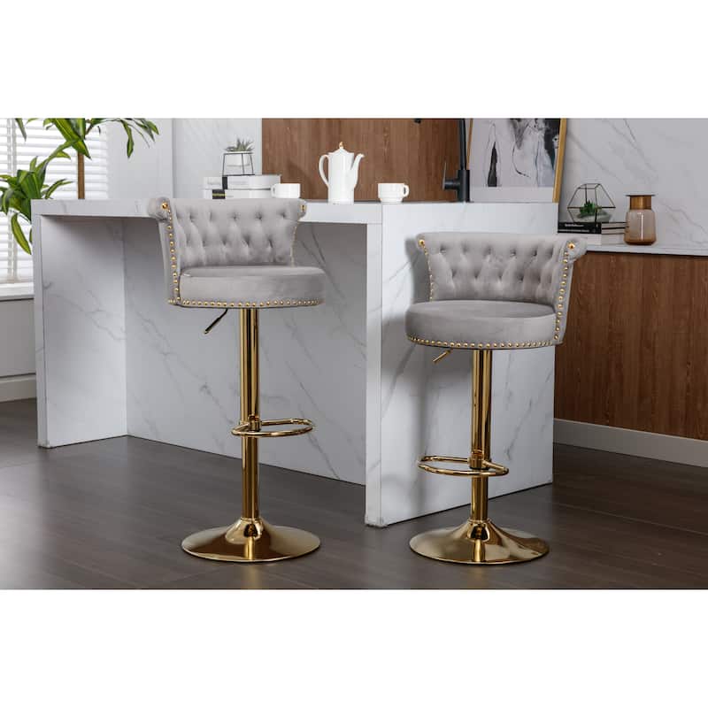 Velvet Upholstered Tufted Nailheads Swivel Adjustable Height Bar Stools With Golden Footrest(set of 2) - Grey